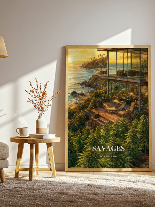 Savages watercolour print in frame leaning in hallway – crime wall art