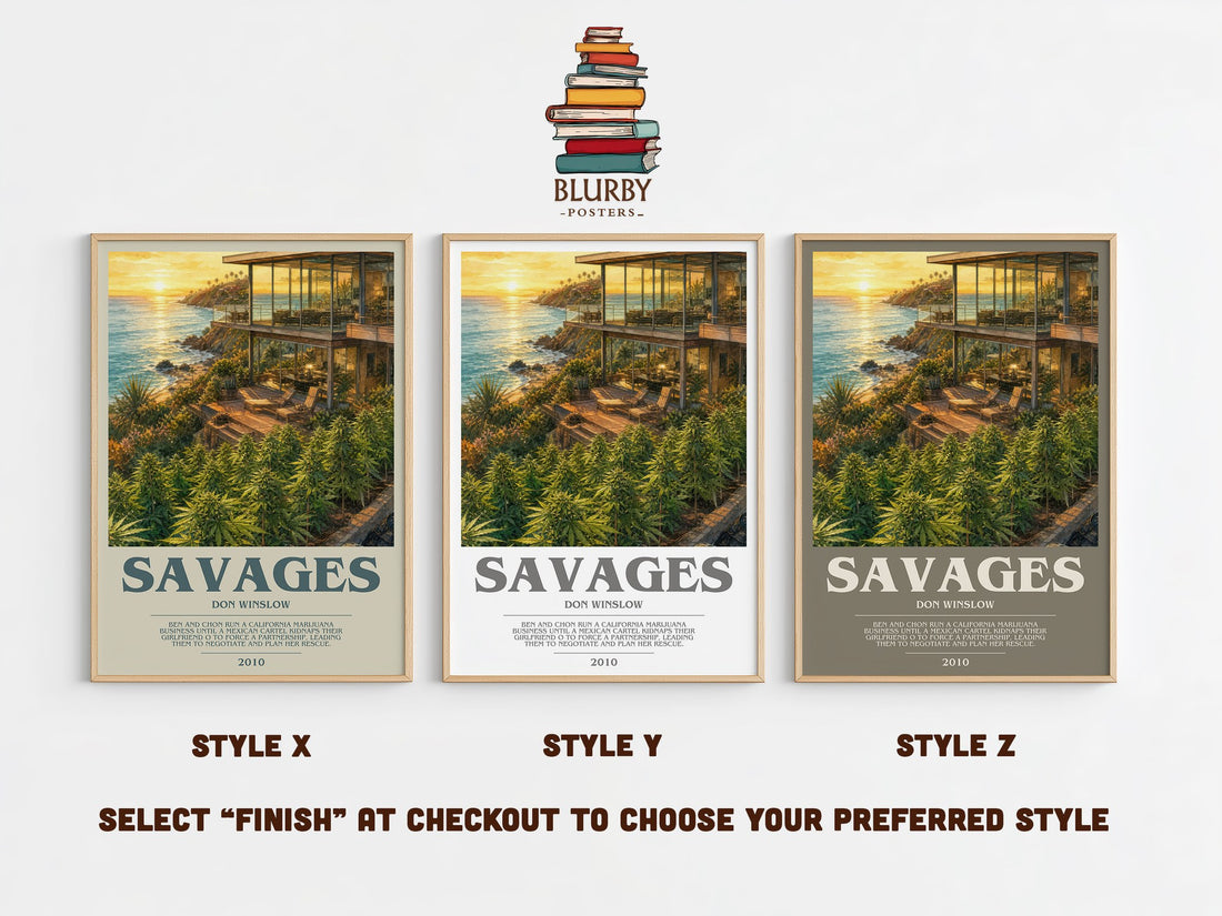 Savages bookish print in frame leaning in hallway – crime wall art (mockup)
