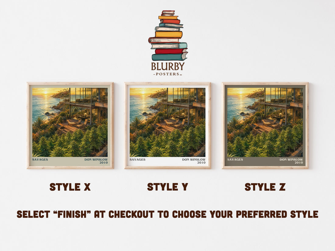 Savages literary print in frame leaning in hallway – crime wall art (mockup)