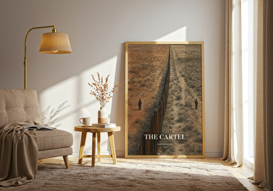 The Cartel watercolour print in frame leaning in hallway – crime wall art (mockup)