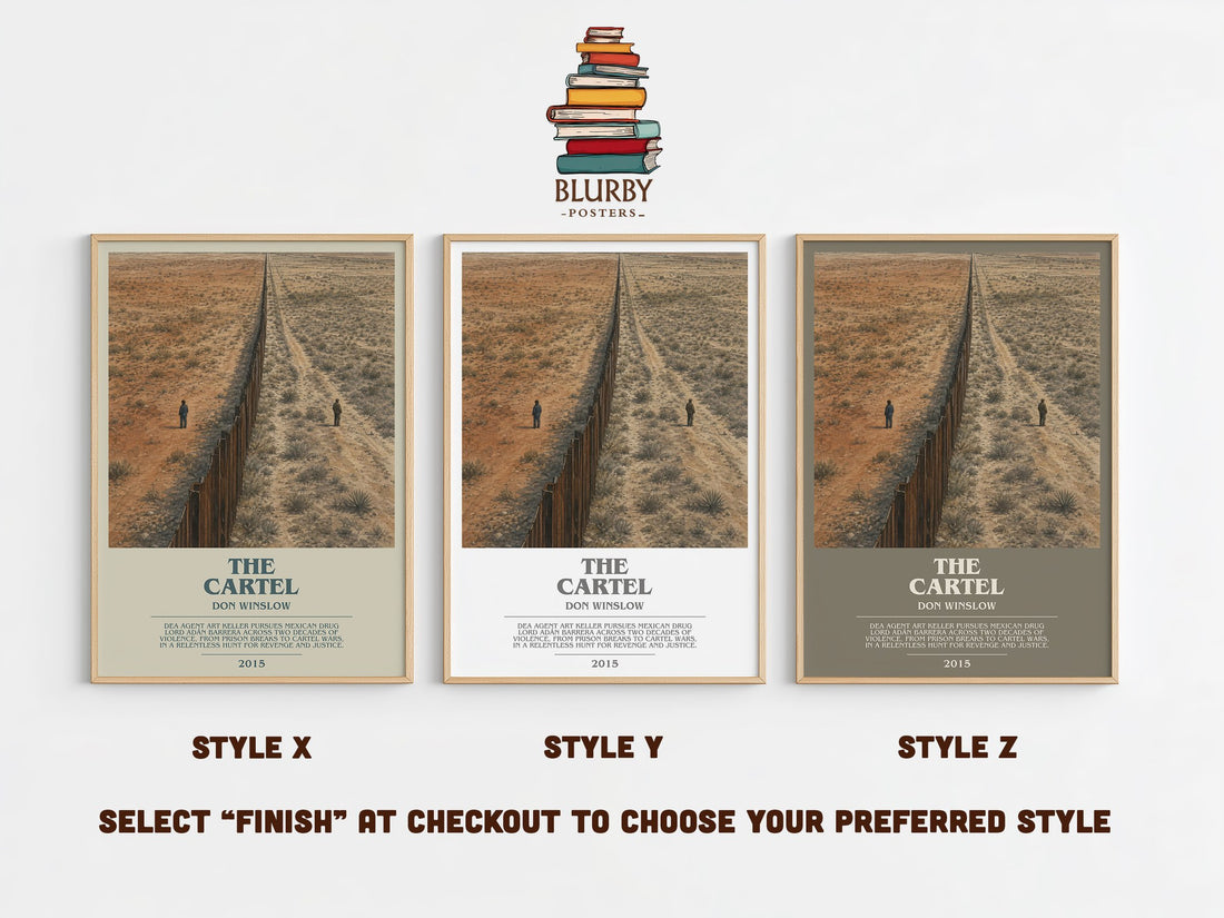 The Cartel bookish print in frame leaning in hallway – crime wall art (mockup)