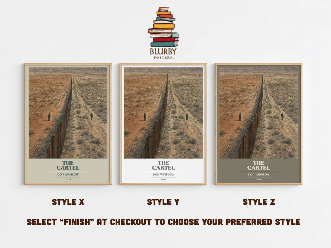 The Cartel book cover print in frame leaning in hallway – crime wall art (mockup)