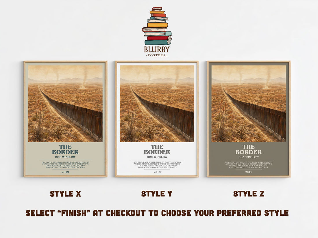 The Border bookish print in frame leaning in hallway – crime wall art (mockup)