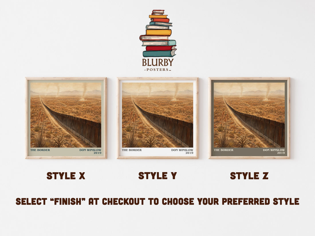 The Border literary print in frame leaning in hallway – crime wall art (mockup)