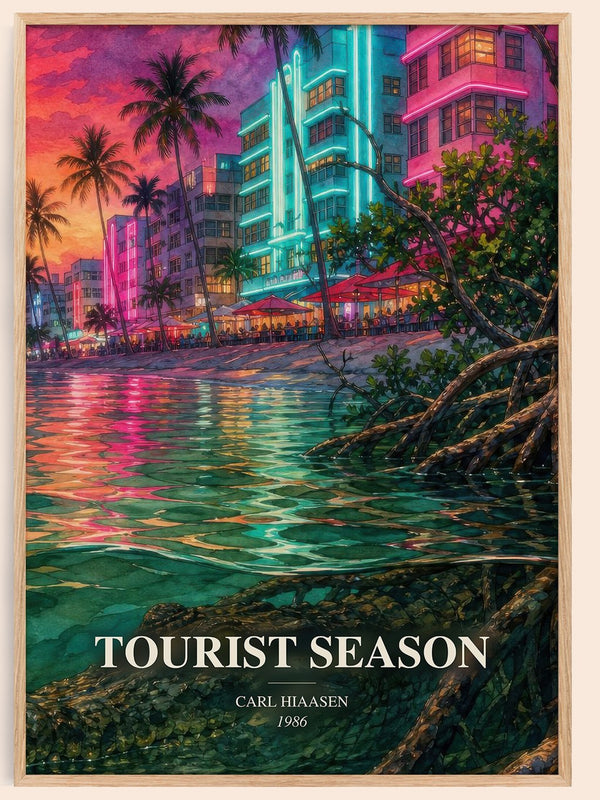 Tourist Season watercolour book poster by Carl Hiaasen – framed literary art print