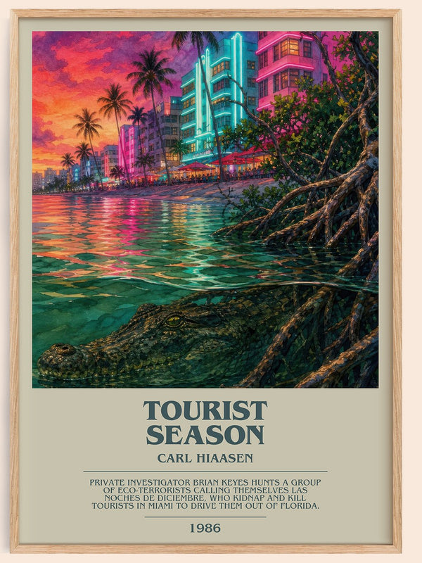 Tourist Season bookish book poster by Carl Hiaasen – framed literary art print