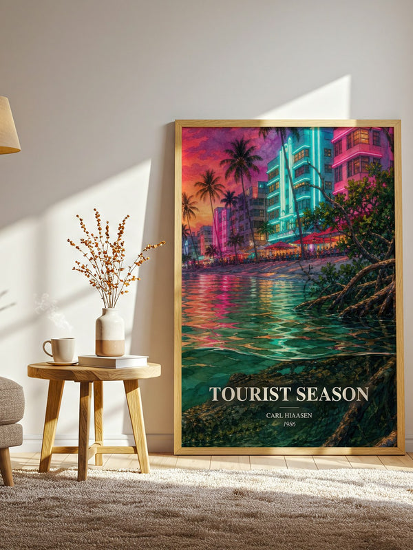 Tourist Season watercolour print in frame leaning in hallway – satire wall art