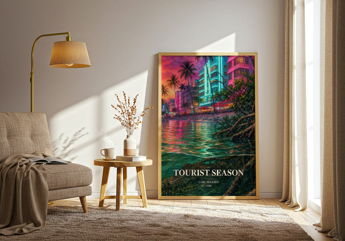 Tourist Season watercolour print in frame leaning in hallway – satire wall art (mockup)