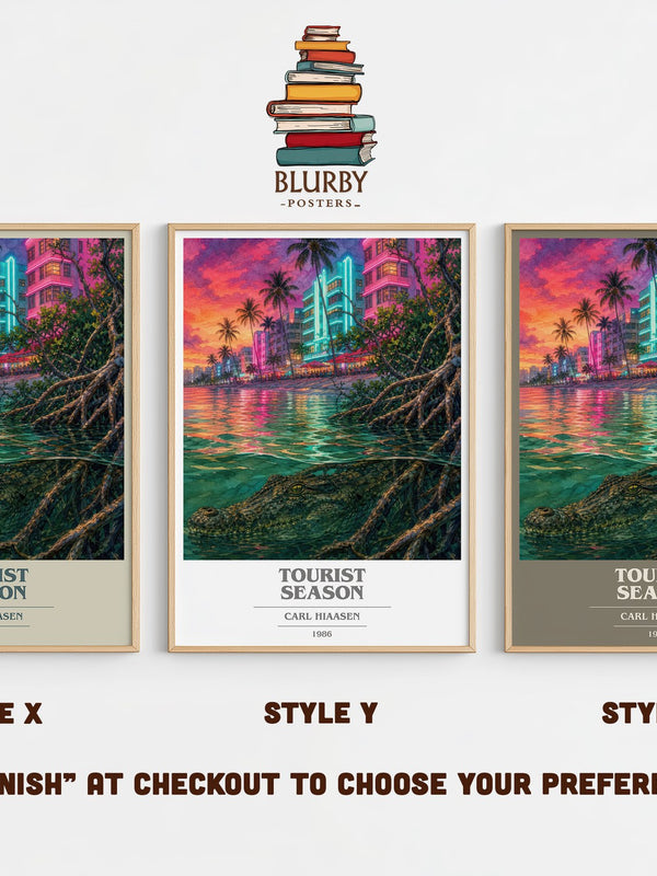 Tourist Season book cover print in frame leaning in hallway – satire wall art