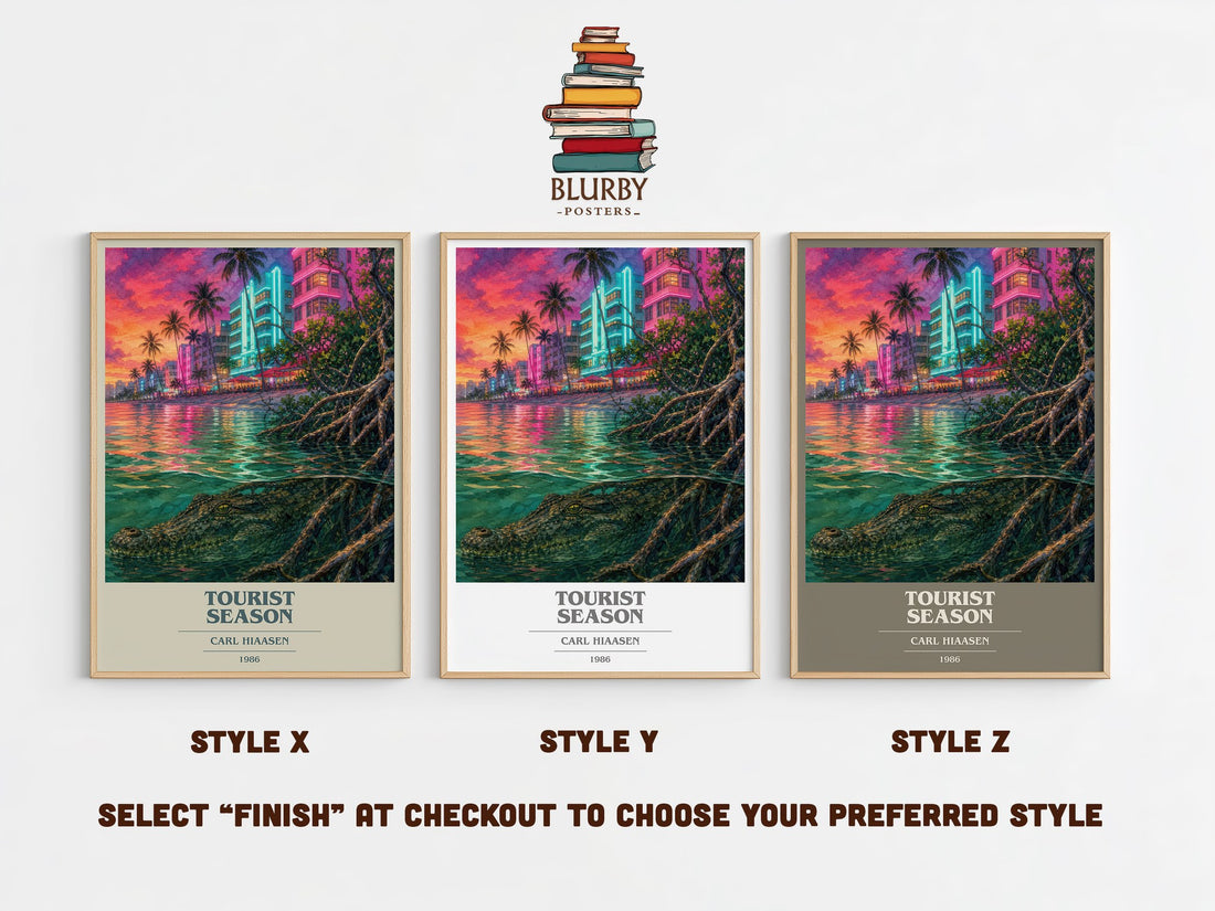 Tourist Season book cover print in frame leaning in hallway – satire wall art (mockup)