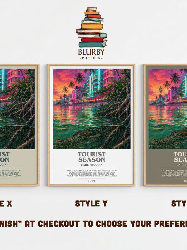 Tourist Season bookish print in frame leaning in hallway – satire wall art