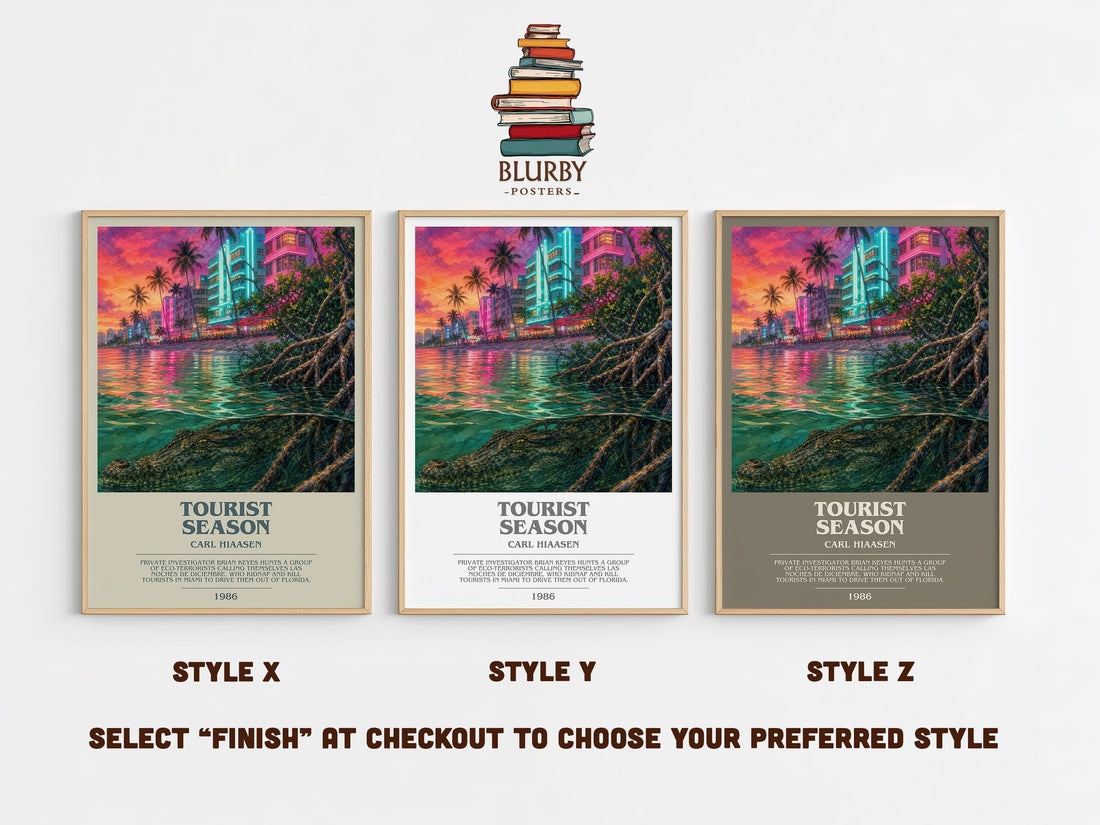 Tourist Season bookish print in frame leaning in hallway – satire wall art (mockup)