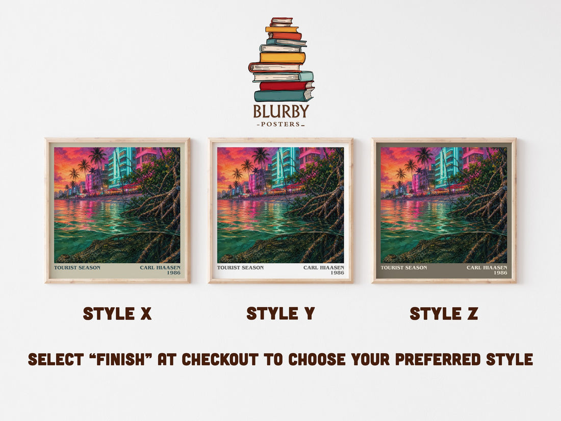 Tourist Season literary print in frame leaning in hallway – satire wall art (mockup)