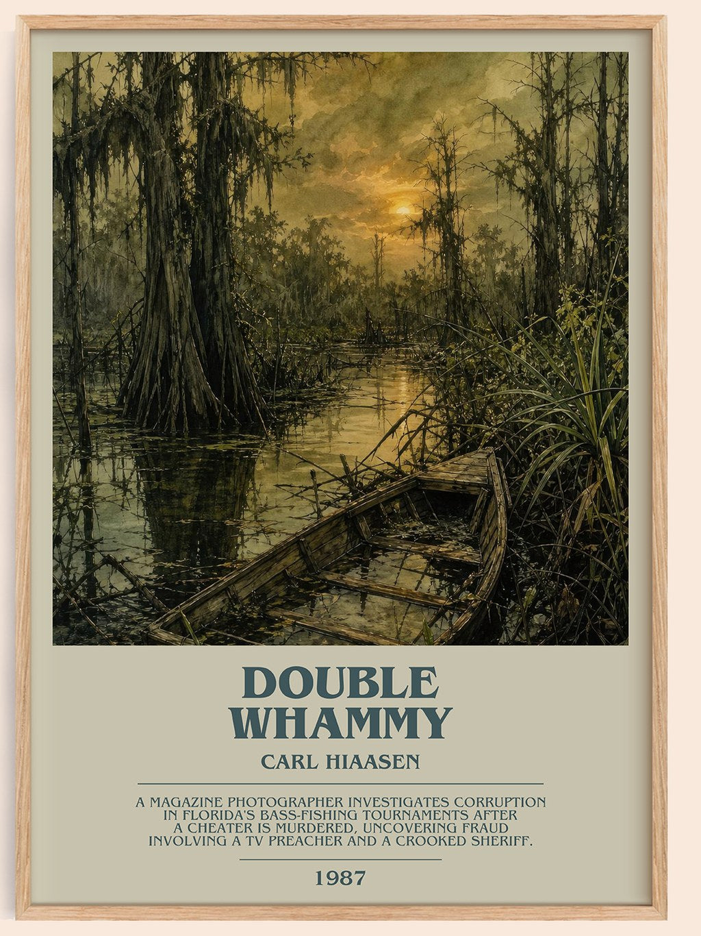 Double Whammy bookish book poster by Carl Hiaasen – framed literary art print
