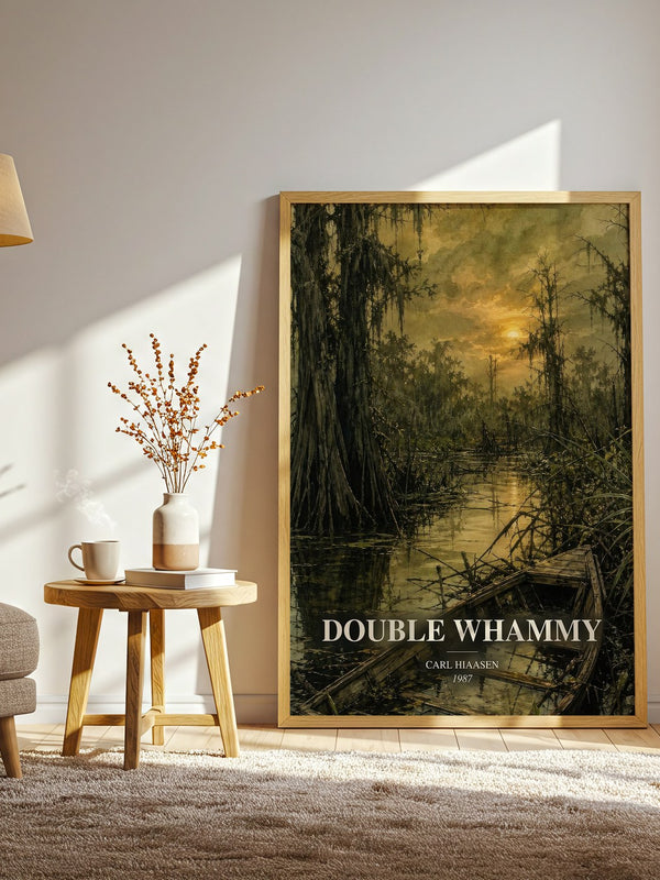 Double Whammy watercolour print in frame leaning in hallway – crime wall art