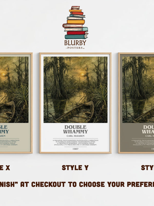 Double Whammy bookish print in frame leaning in hallway – crime wall art