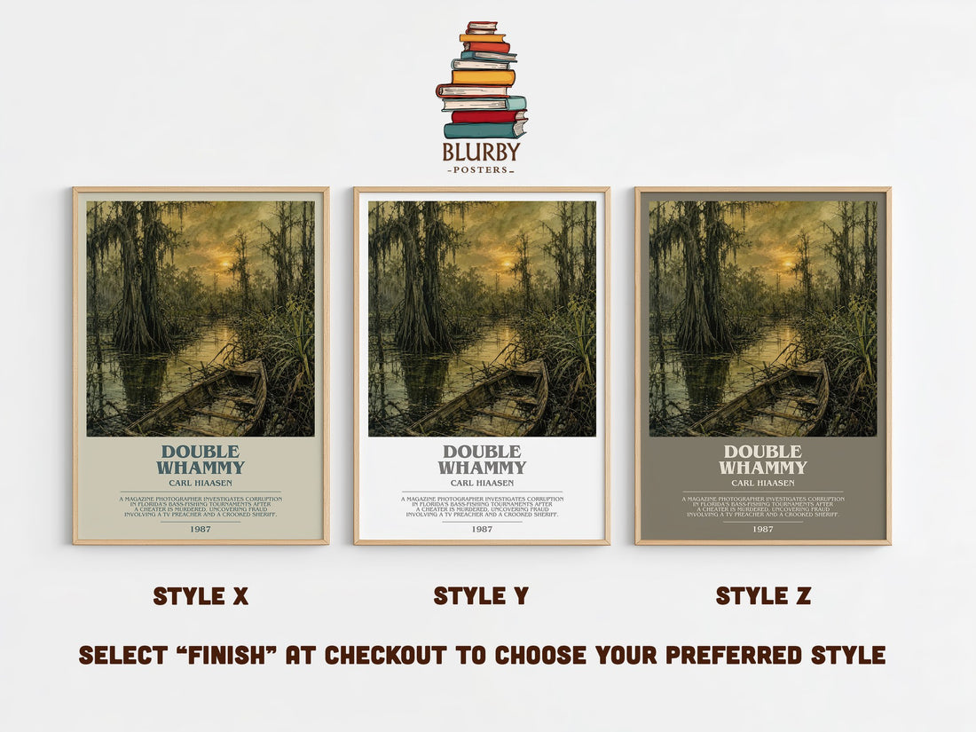 Double Whammy bookish print in frame leaning in hallway – crime wall art (mockup)