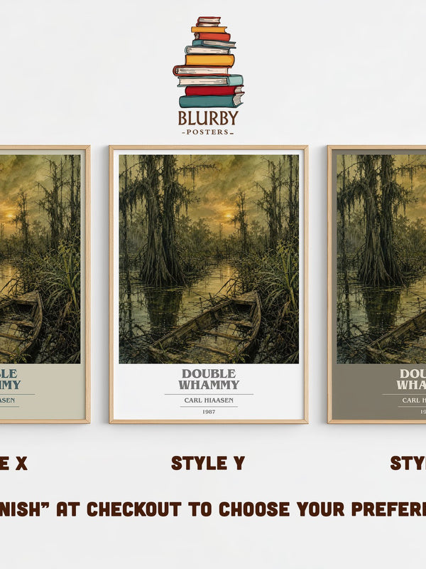 Double Whammy book cover print in frame leaning in hallway – crime wall art