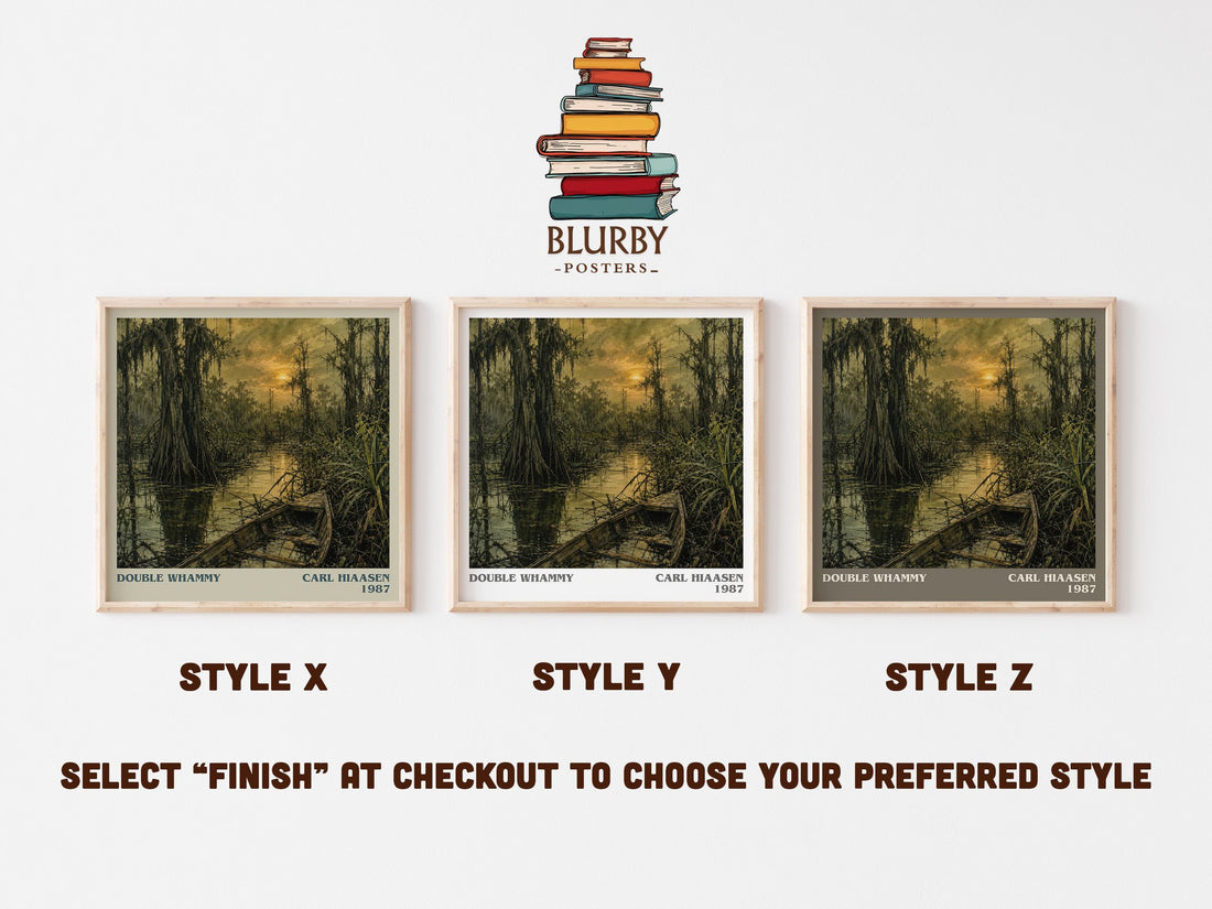 Double Whammy literary print in frame leaning in hallway – crime wall art (mockup)