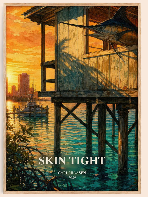 Skin Tight watercolour book poster by Carl Hiaasen – framed literary art print