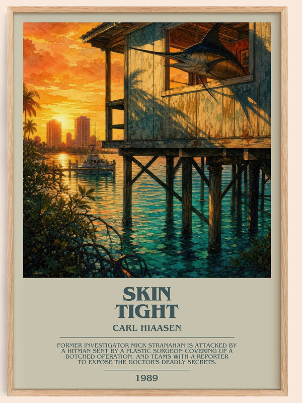 Skin Tight bookish book poster by Carl Hiaasen – framed literary art print