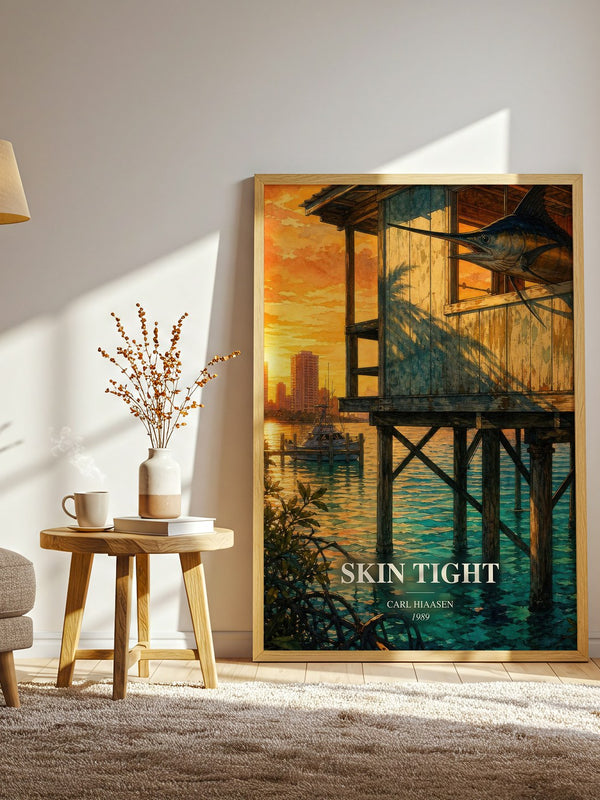 Skin Tight watercolour print in frame leaning in hallway – crime wall art