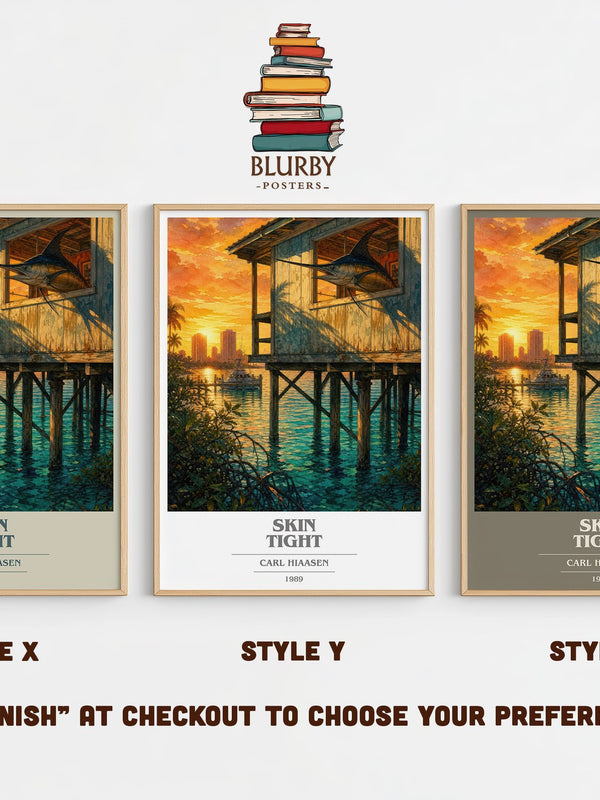 Skin Tight book cover print in frame leaning in hallway – crime wall art