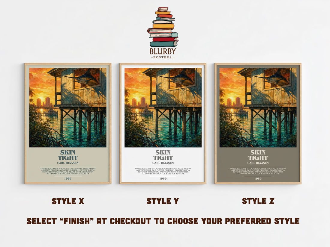 Skin Tight bookish print in frame leaning in hallway – crime wall art (mockup)