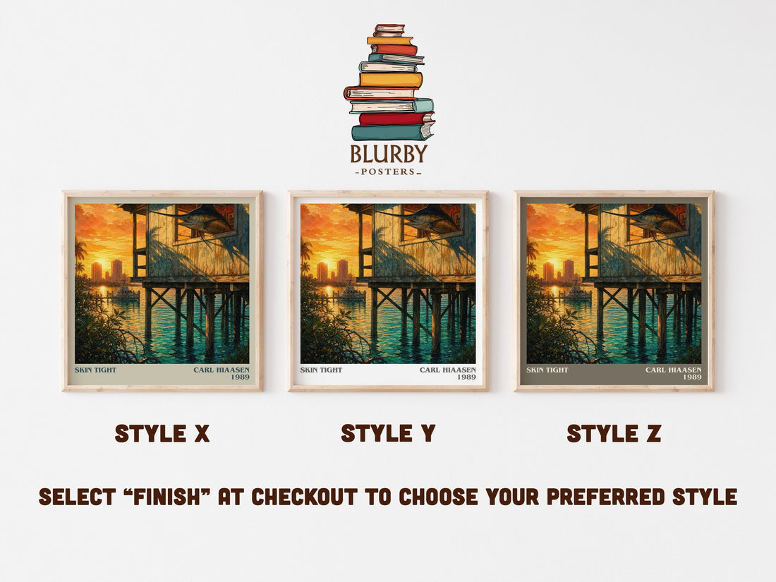 Skin Tight literary print in frame leaning in hallway – crime wall art (mockup)