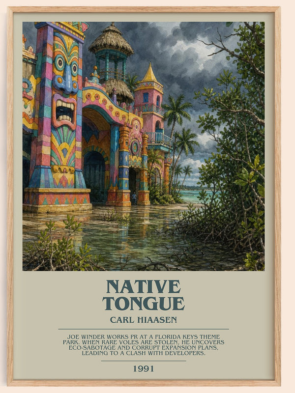 Native Tongue bookish book poster by Carl Hiaasen – framed literary art print