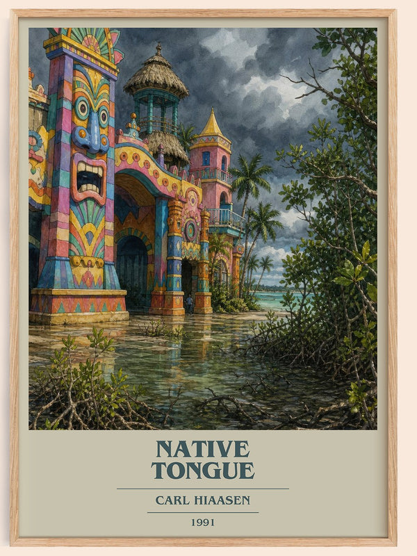Native Tongue book cover book poster by Carl Hiaasen – framed literary art print