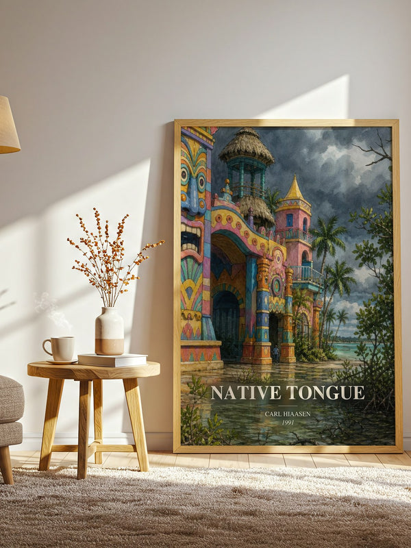 Native Tongue watercolour print in frame leaning in hallway – satire wall art