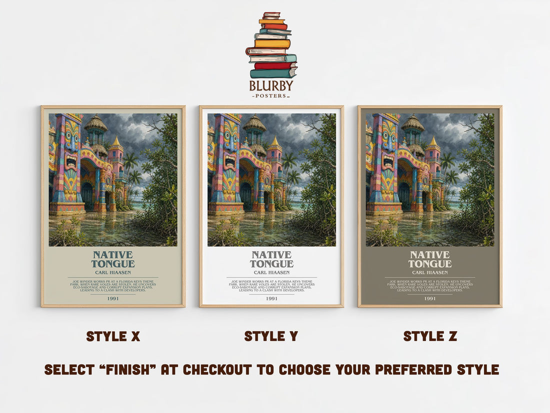 Native Tongue bookish print in frame leaning in hallway – satire wall art (mockup)