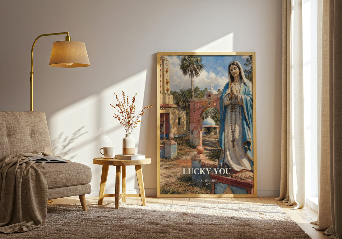 Lucky You watercolour print in frame leaning in hallway – satire wall art (mockup)