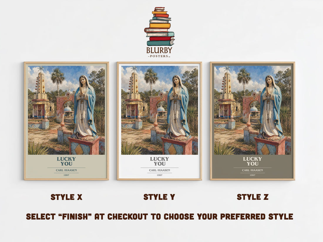 Lucky You book cover print in frame leaning in hallway – satire wall art (mockup)