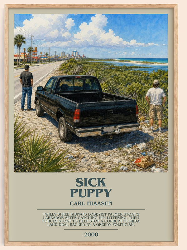 Sick Puppy bookish book poster by Carl Hiaasen – framed literary art print