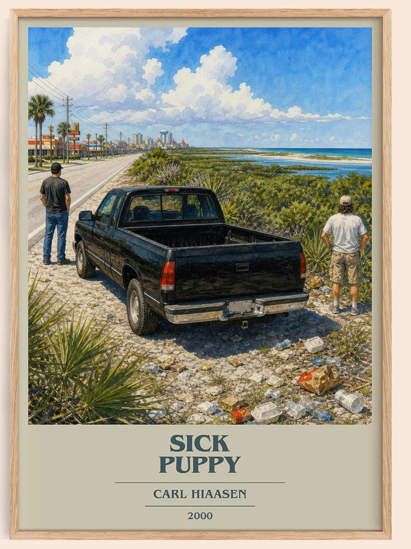 Sick Puppy book cover book poster by Carl Hiaasen – framed literary art print