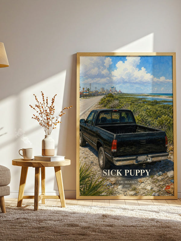 Sick Puppy watercolour print in frame leaning in hallway – satire wall art