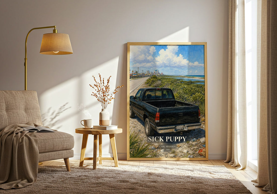 Sick Puppy watercolour print in frame leaning in hallway – satire wall art (mockup)