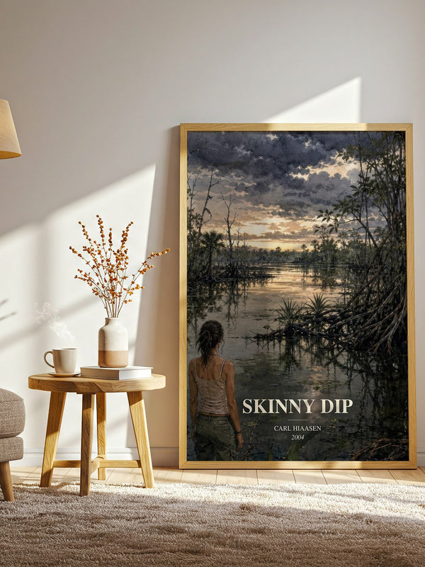 Skinny Dip watercolour print in frame leaning in hallway – crime wall art