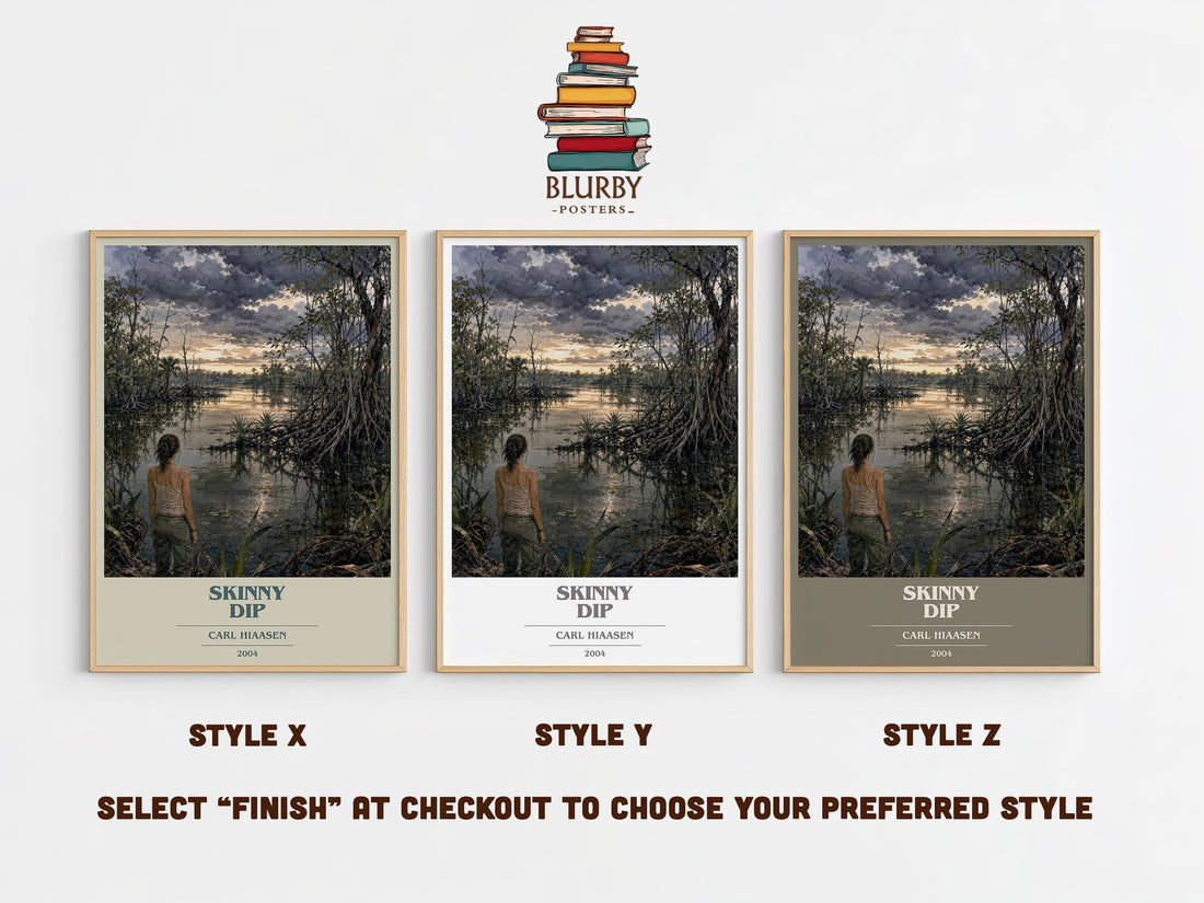 Skinny Dip book cover print in frame leaning in hallway – crime wall art (mockup)