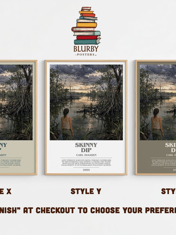 Skinny Dip bookish print in frame leaning in hallway – crime wall art