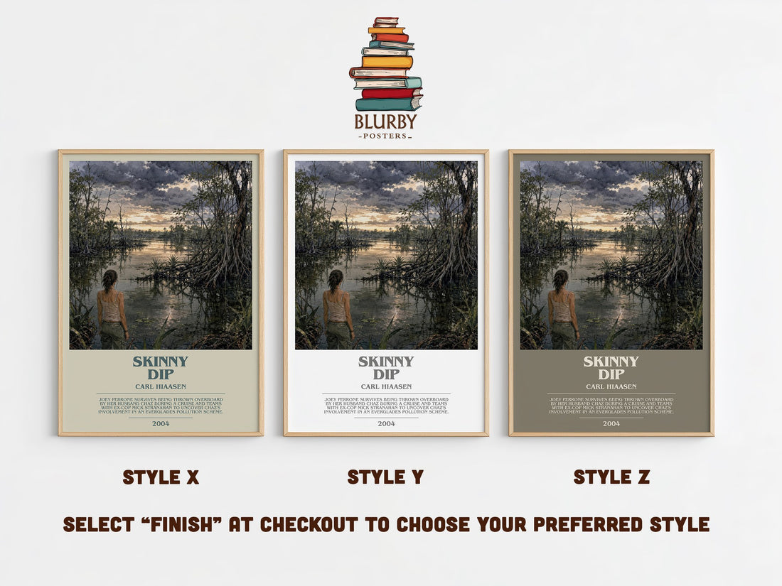 Skinny Dip bookish print in frame leaning in hallway – crime wall art (mockup)