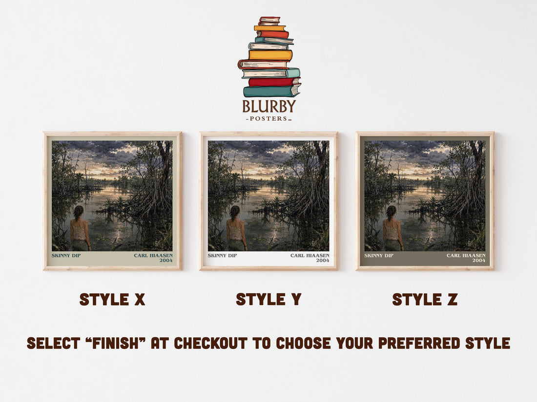 Skinny Dip literary print in frame leaning in hallway – crime wall art (mockup)