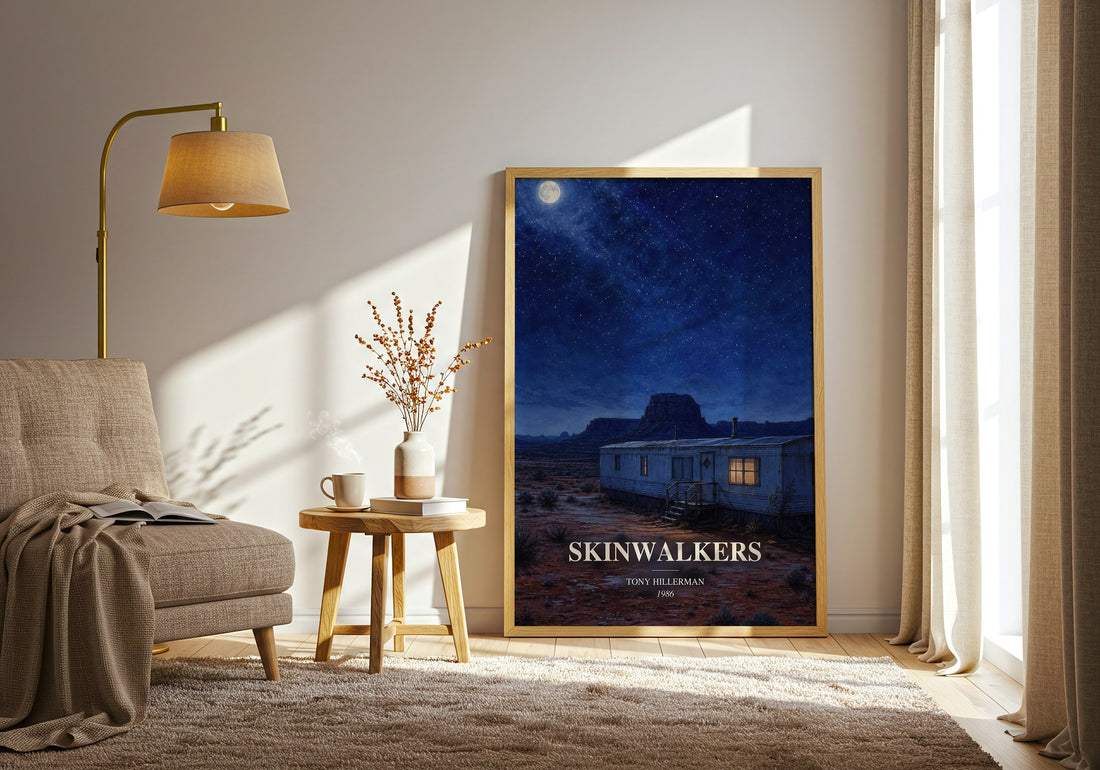 Skinwalkers watercolour print in frame leaning in hallway – mystery wall art (mockup)