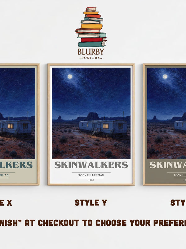 Skinwalkers book cover print in frame leaning in hallway – mystery wall art