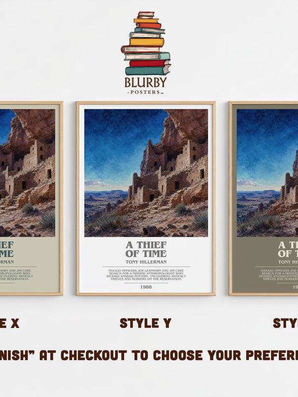 A Thief of Time bookish print in frame leaning in hallway – mystery wall art
