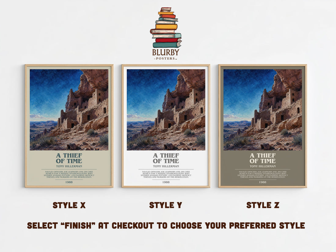 A Thief of Time bookish print in frame leaning in hallway – mystery wall art (mockup)