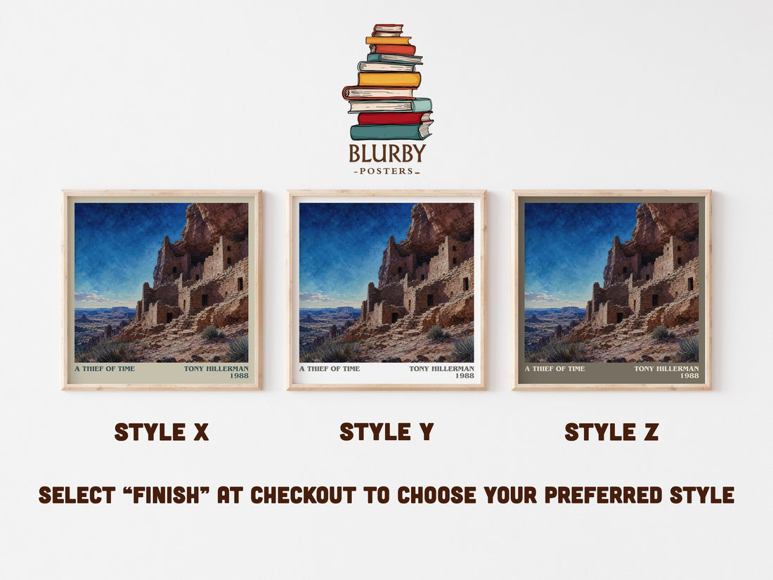 A Thief of Time literary print in frame leaning in hallway – mystery wall art (mockup)