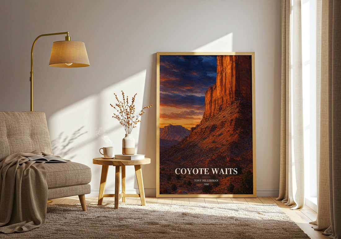 Coyote Waits watercolour print in frame leaning in hallway – mystery wall art (mockup)